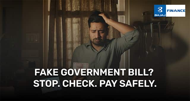 Bajaj Finance logo. Fake Government Bill? Stop. Check. Pay Safely. 